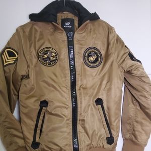 X RAY Hooded Bomber Patched Jacket.Khaki S